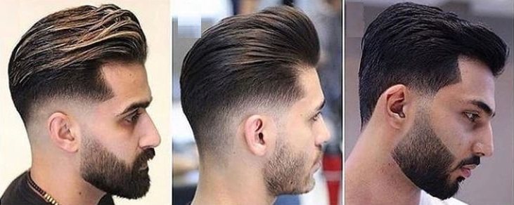 Textured quiff shown from the side, back, and front