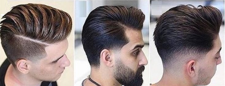 Undercut pompadour shown from the side, back, and front